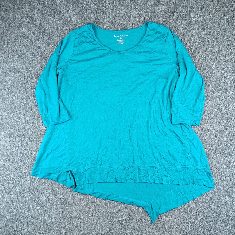 Pleats Collection Lagenlook Asymmetric Boho Tunic Top Women 2XL Teal 3/4 Sleeve